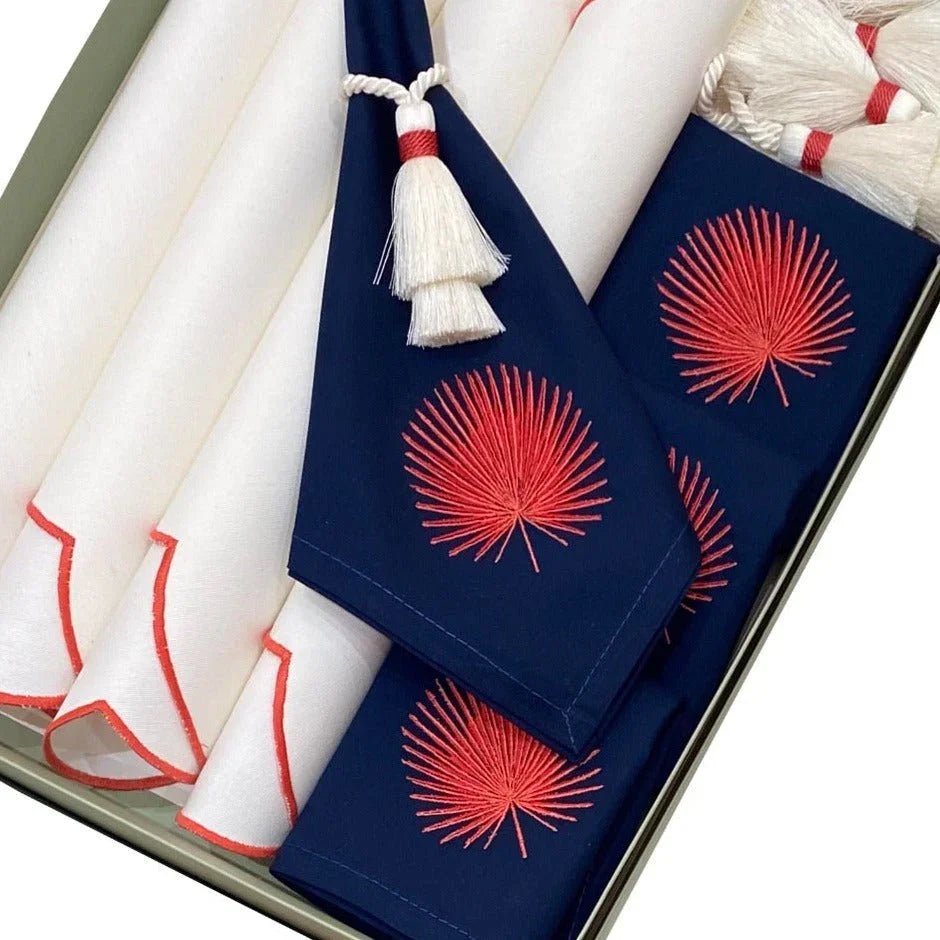 Navy Napkins With Coral Fan Leaf Embroidered - myhomestore.com.pk