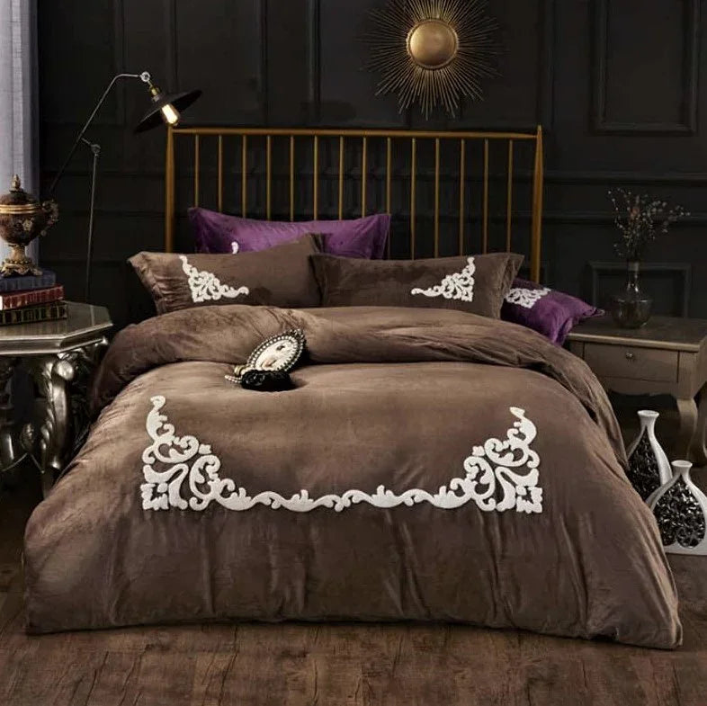 Brown Ruffle Embroidery Velvet Duvet Set - myhomestore.com.pk