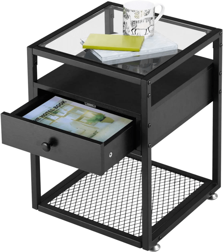 Side Table with Tempered Glass Top and Metal Shelf - myhomestore.com.pk