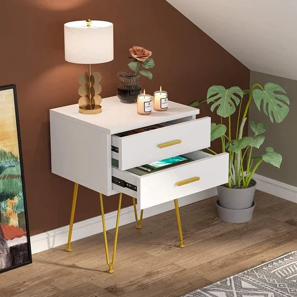 Tribesigns 2 - Drawer White and Gold Nightstand - myhomestore.com.pk