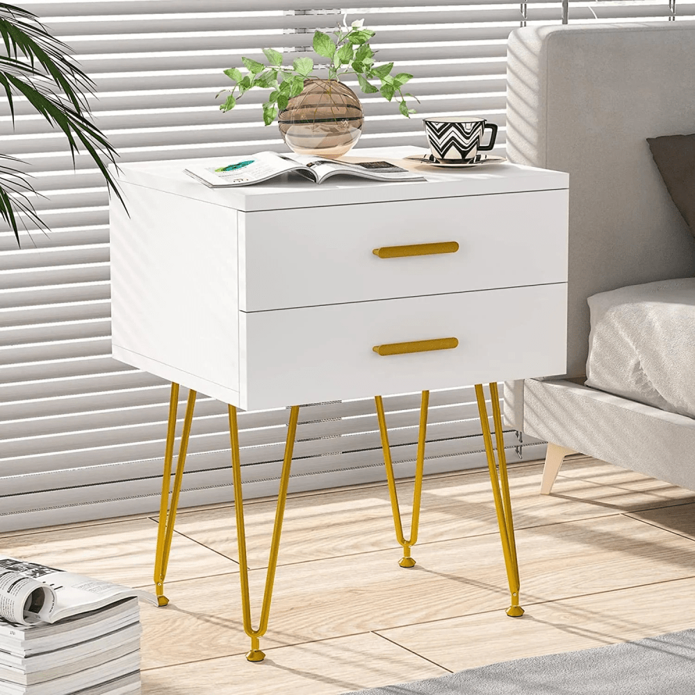 Tribesigns 2 - Drawer White and Gold Nightstand - myhomestore.com.pk