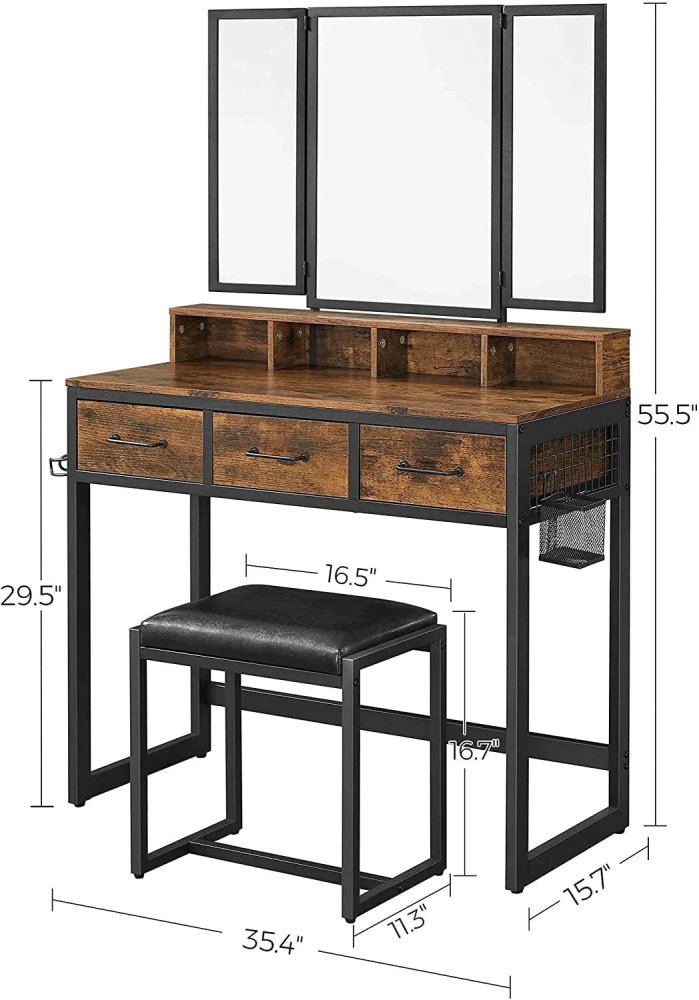 Vanity Table with Upholstered Stool Set, Dressing Table Desk, Makeup Table with Tri - Fold Mirror - myhomestore.com.pk