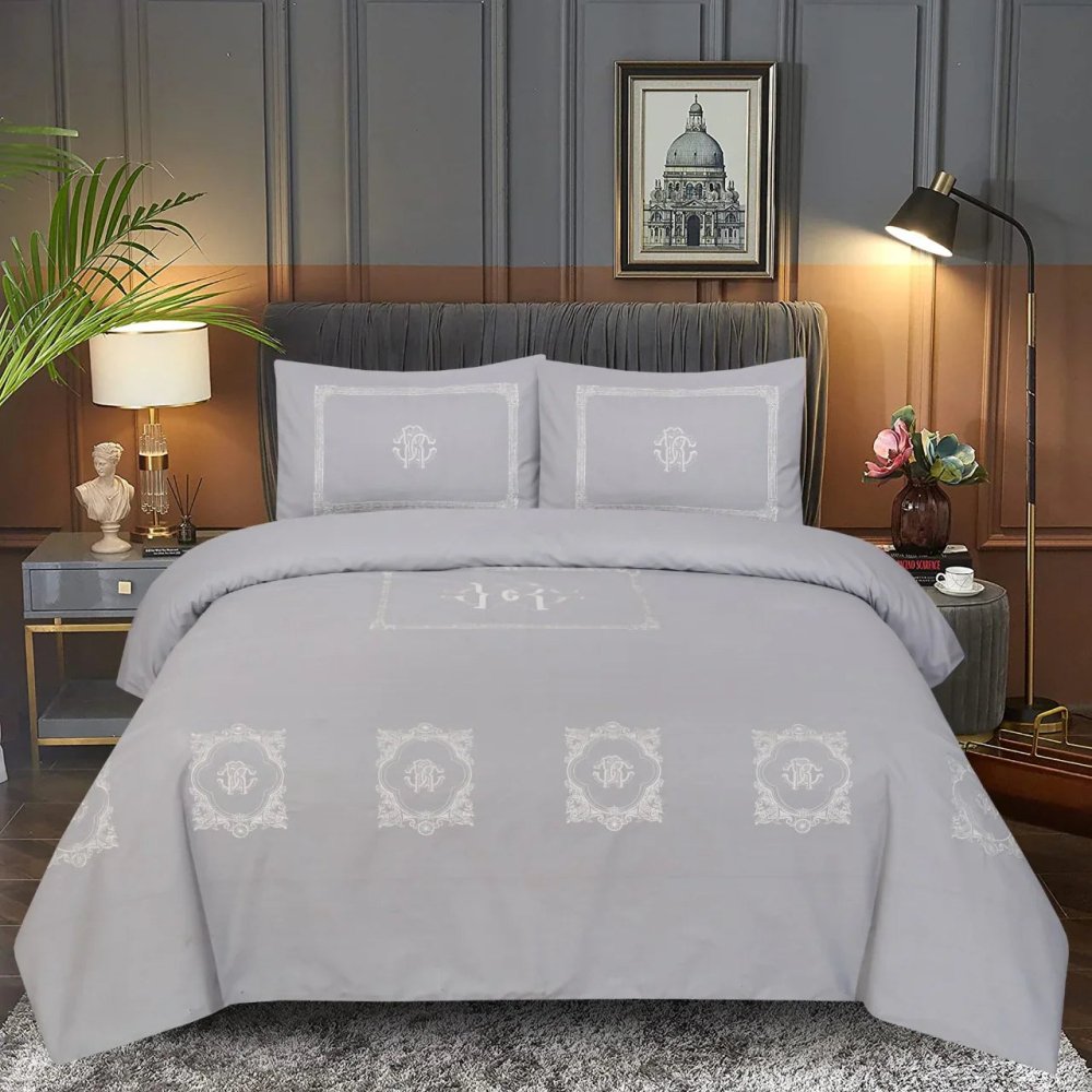 White With Navy Blue Embroidered Duvet Set - myhomestore.com.pk