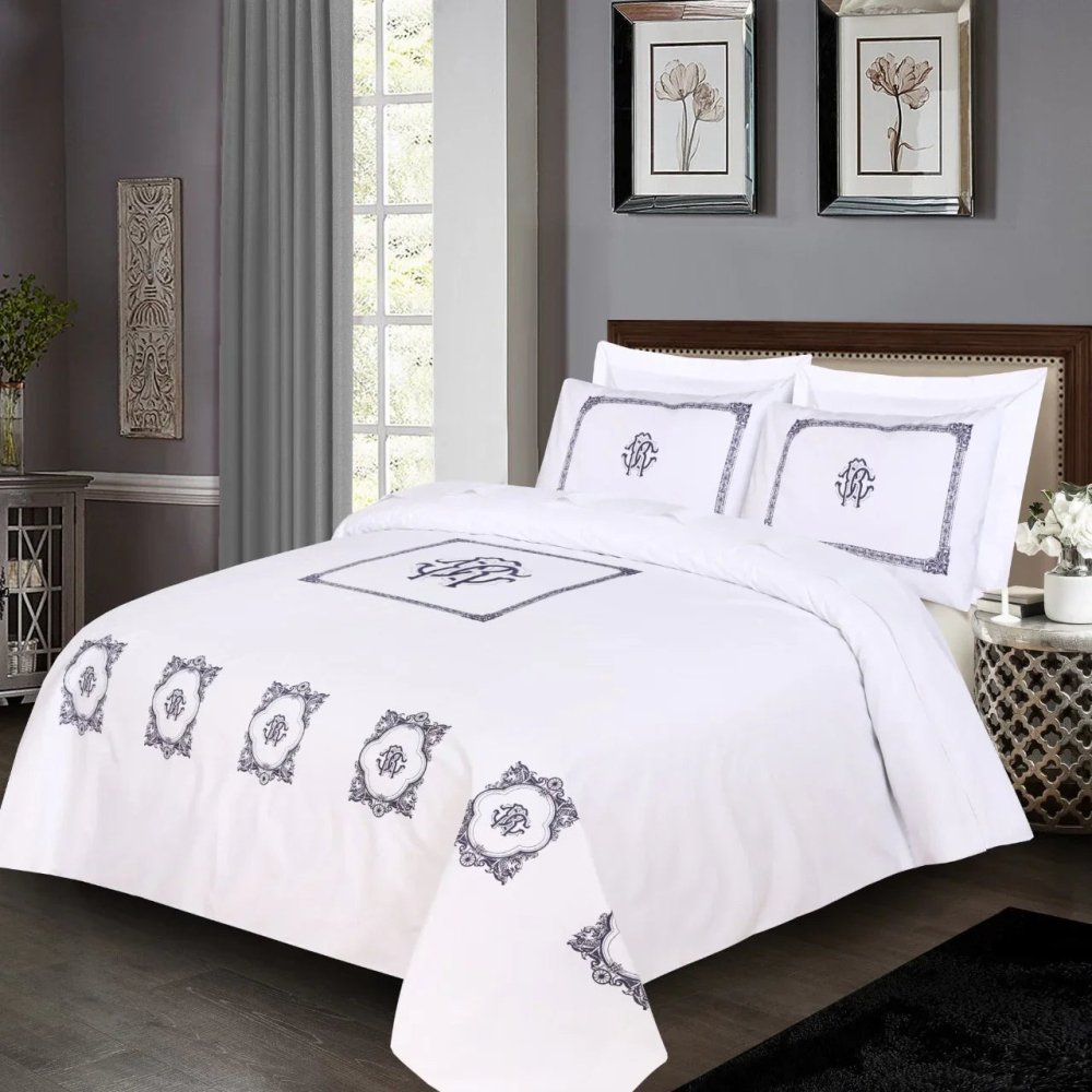 White With Navy Blue Embroidered Duvet Set - myhomestore.com.pk