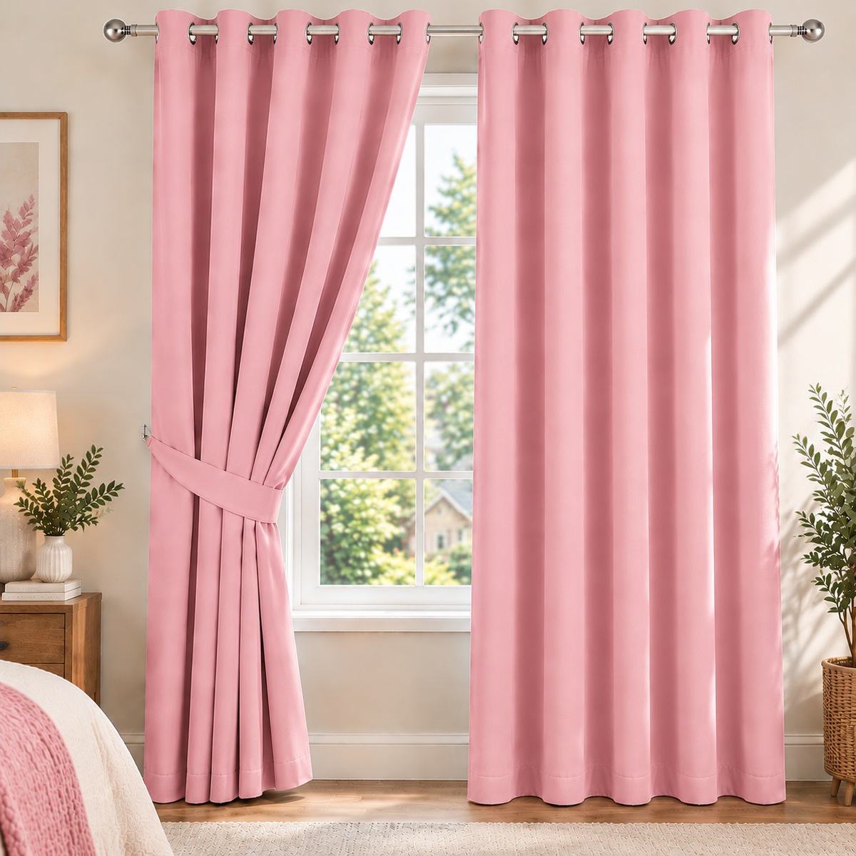 Plain Dyed Eyelet Curtain with Lining (pink) – Pack of 2