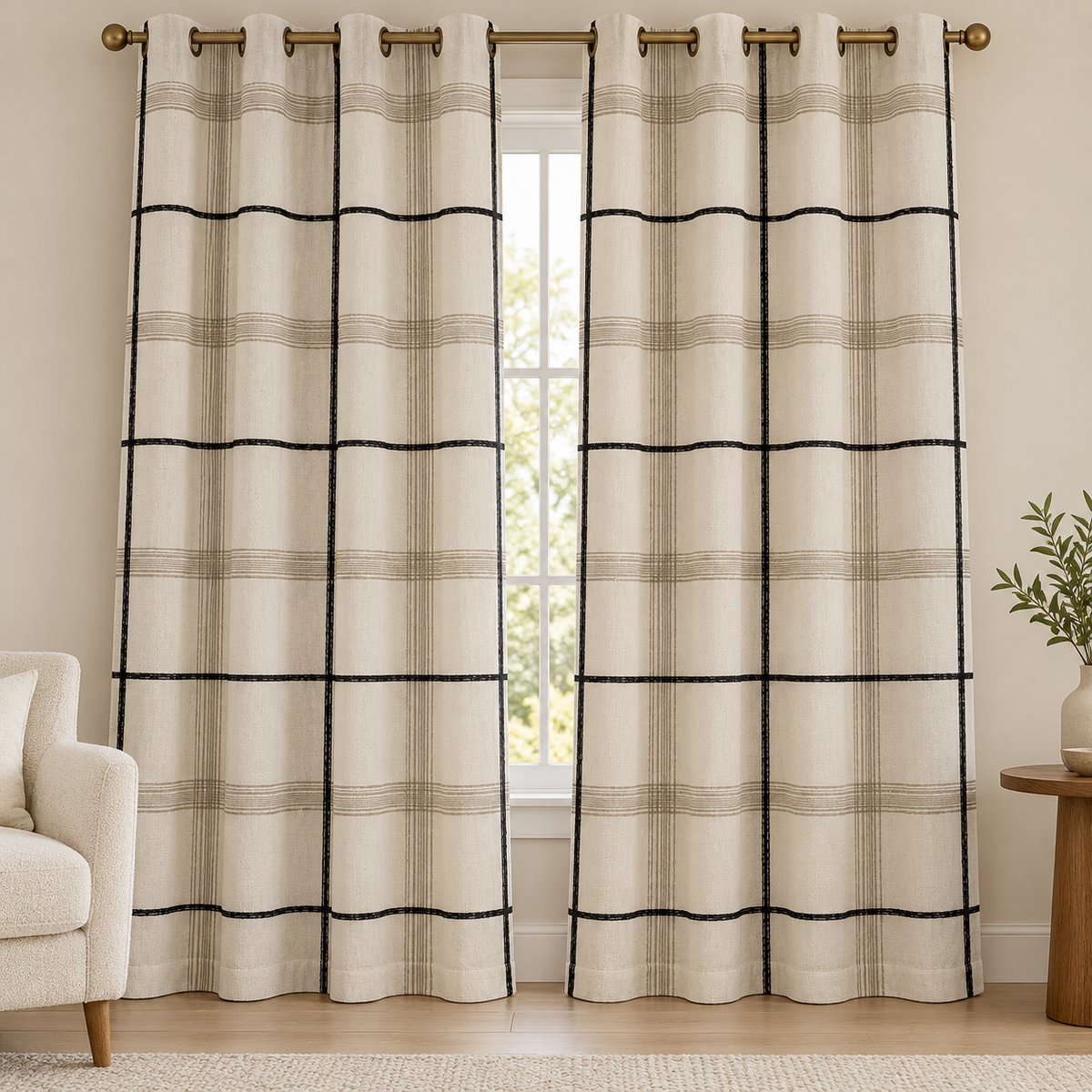 Beige & Black Check Duck Fabric Printed Curtains – Pack of 2