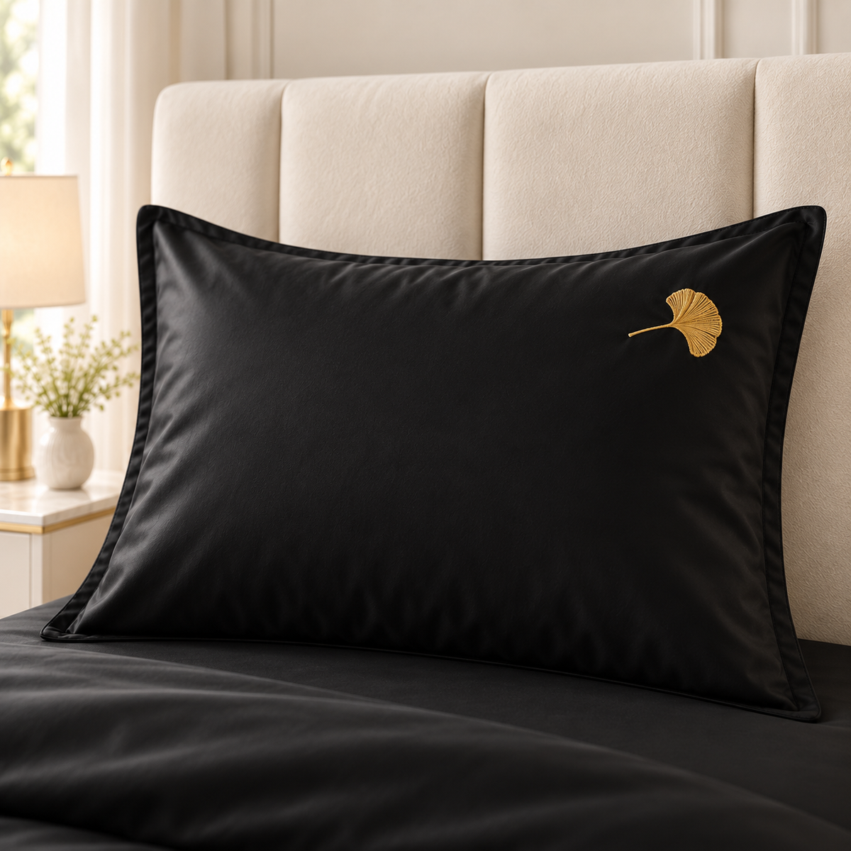 Black Shine Cotton Golden Ginkgo Leaf Embroidered Bedding Set