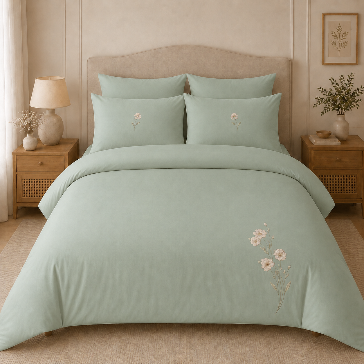 Sage Bloom Elegant Embroidered Bedding Set