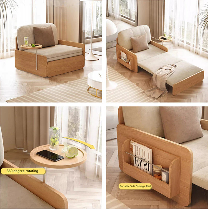 Pull Out Sofa Bed with Rotating Armrest Tray and Storage