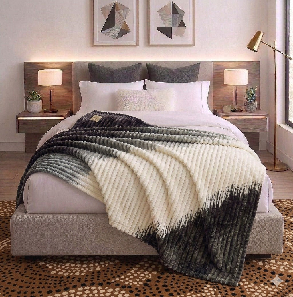 Luxury Reversible Faux Fur Throw Blanket – Grey, Cream & Black Gradient Pattern