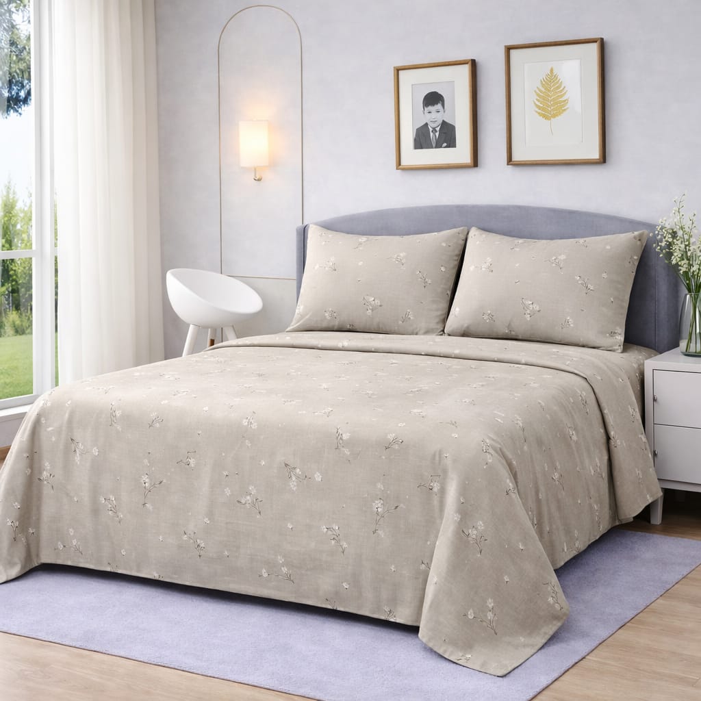 Beige Floral Printed Bedsheet  – King Size Bedding