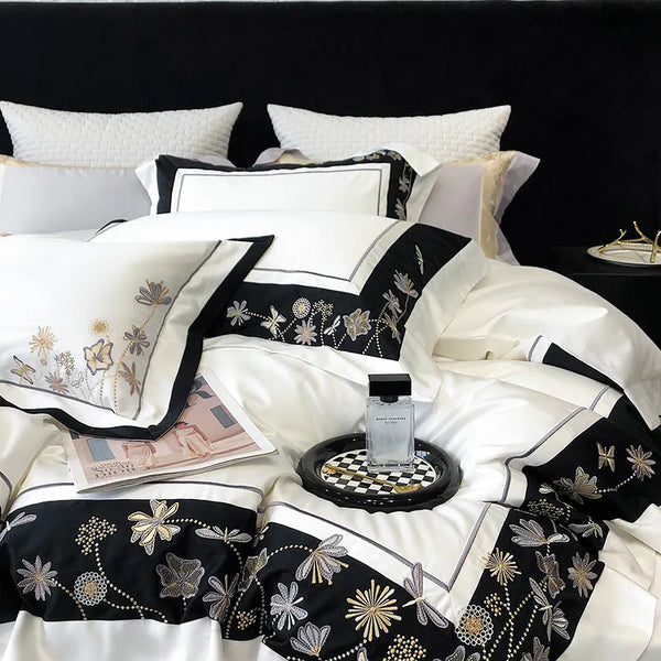 Flowers Butterfly Dragonfly Embroidery Duvet Set
