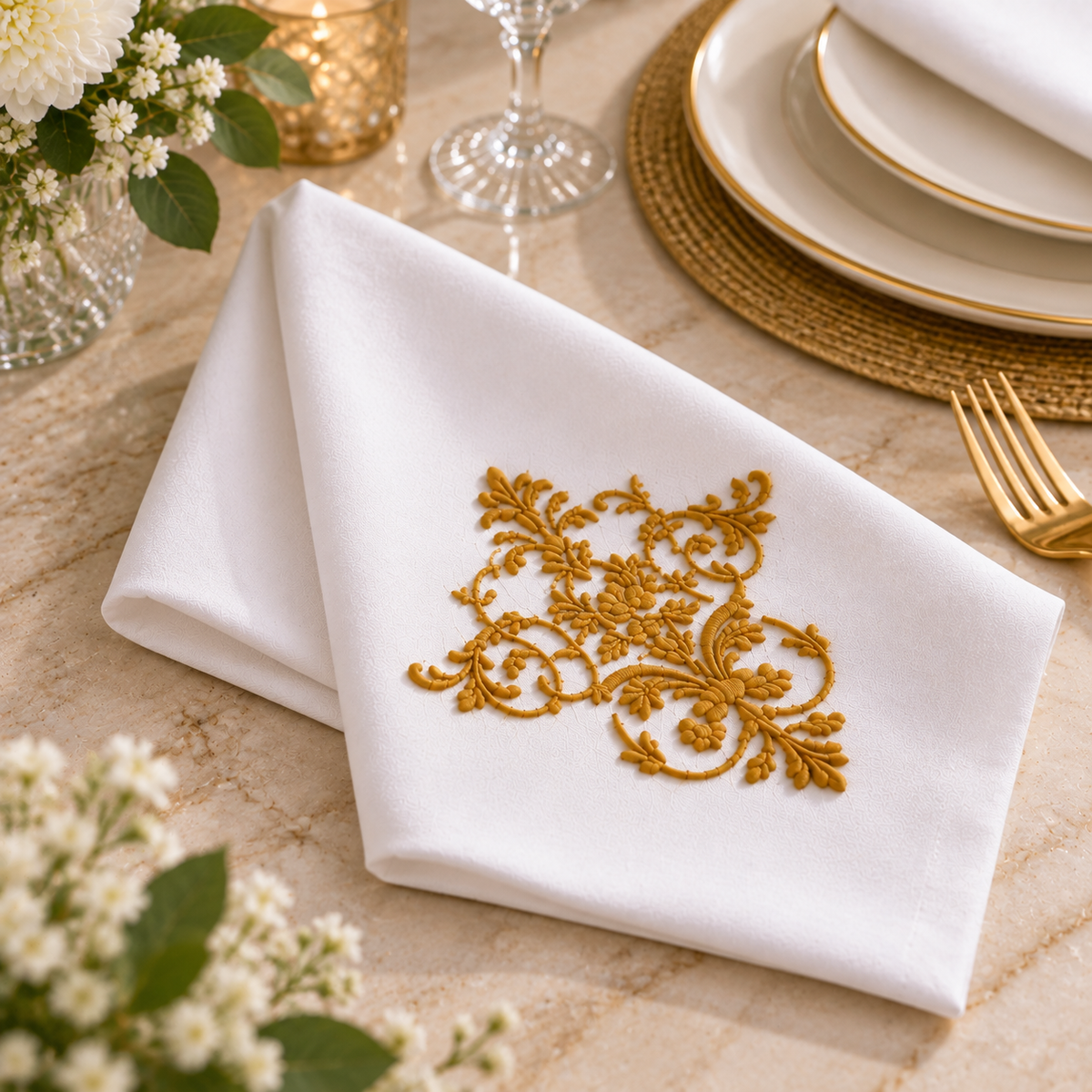 Elegant White Cotton Napkins with Gold Floral Embroidery