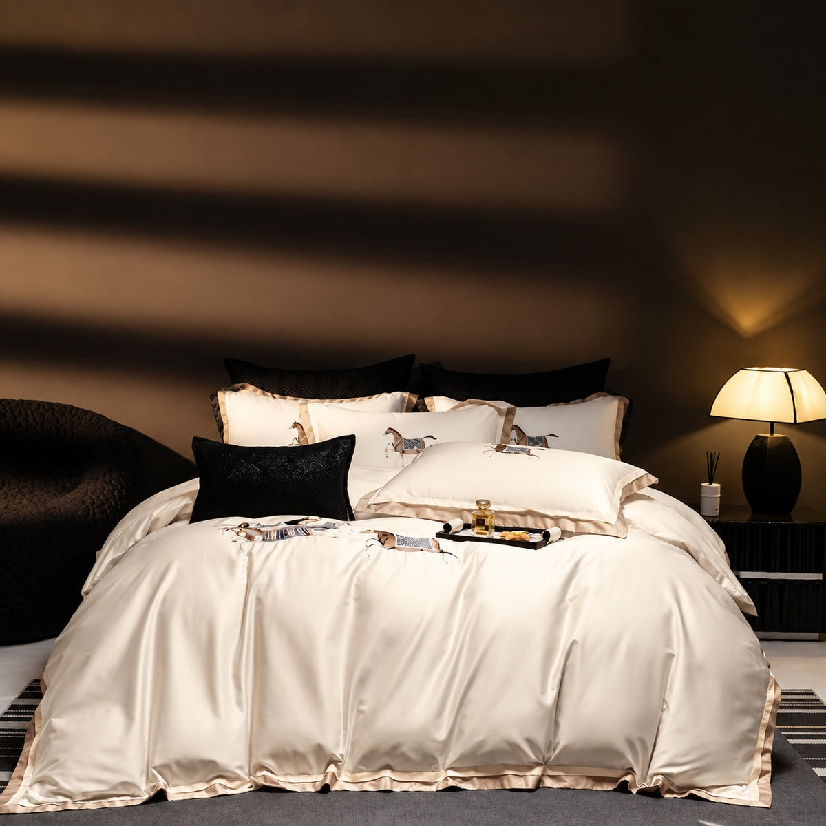Elegant Horse Motif Embroidery Duvet Set