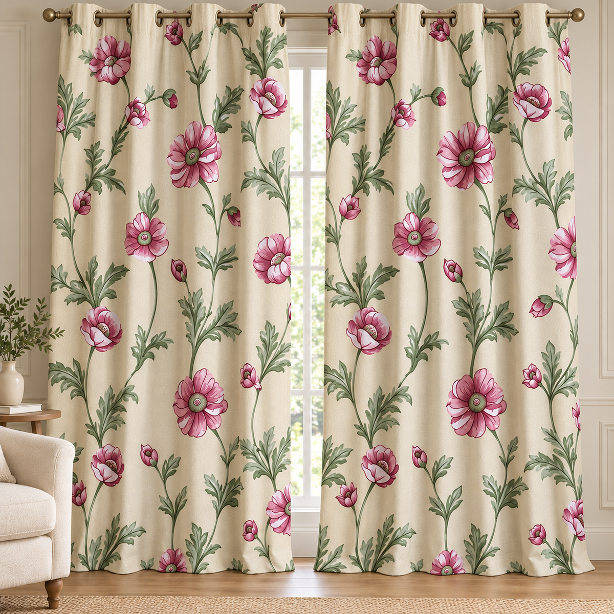 Pink & Cream Floral Duck Fabric Printed Curtains – Pack of 2