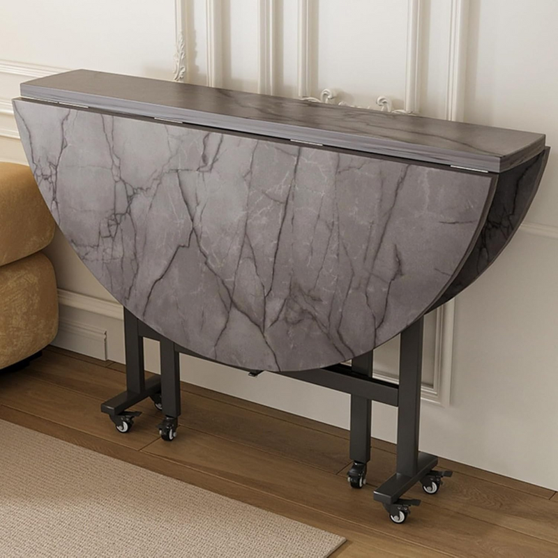 Mobile Folding Dining Table with 6 Wheels, Marble Texture Table Top