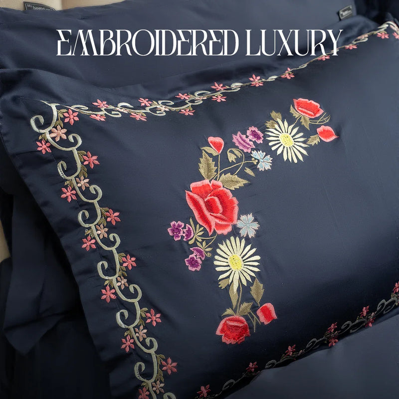 Luxury Flower Ink blue Embroidery Duvet Set