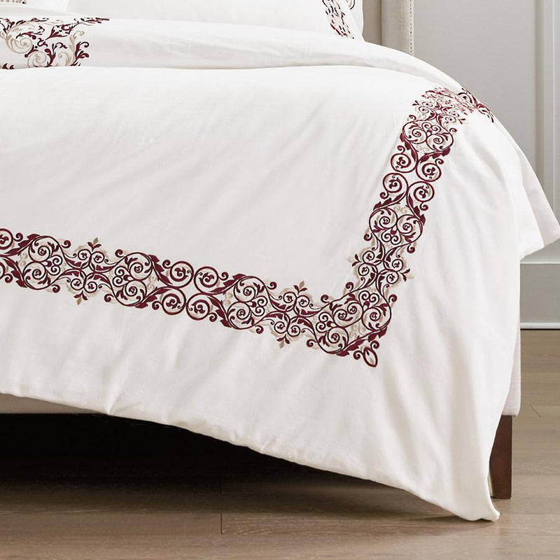 White With Maroon Royal Embroidery Duvet Set