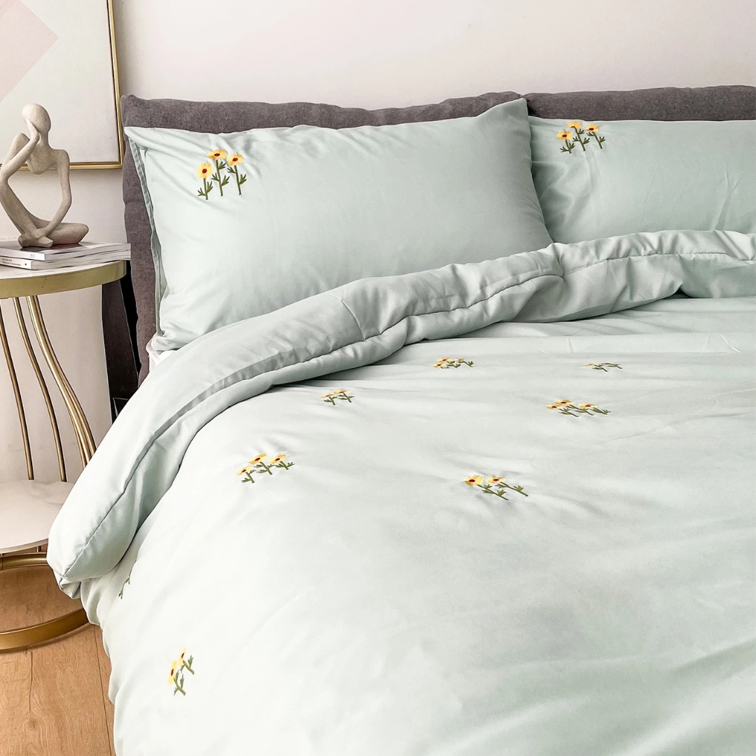 Mint Green Sunflower Embroidered Bedding Set