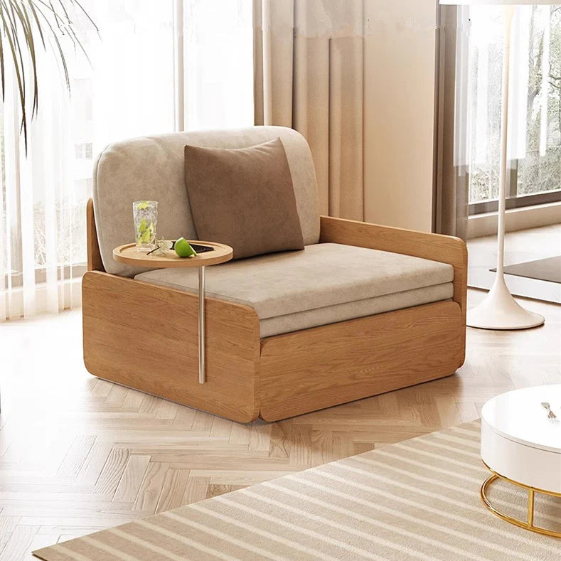 Pull Out Sofa Bed with Rotating Armrest Tray and Storage