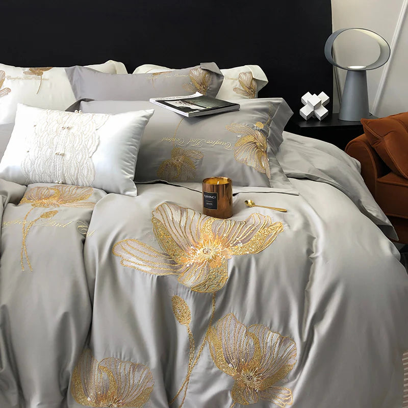 Cotton Satin Flower Embroidery Duvet Set