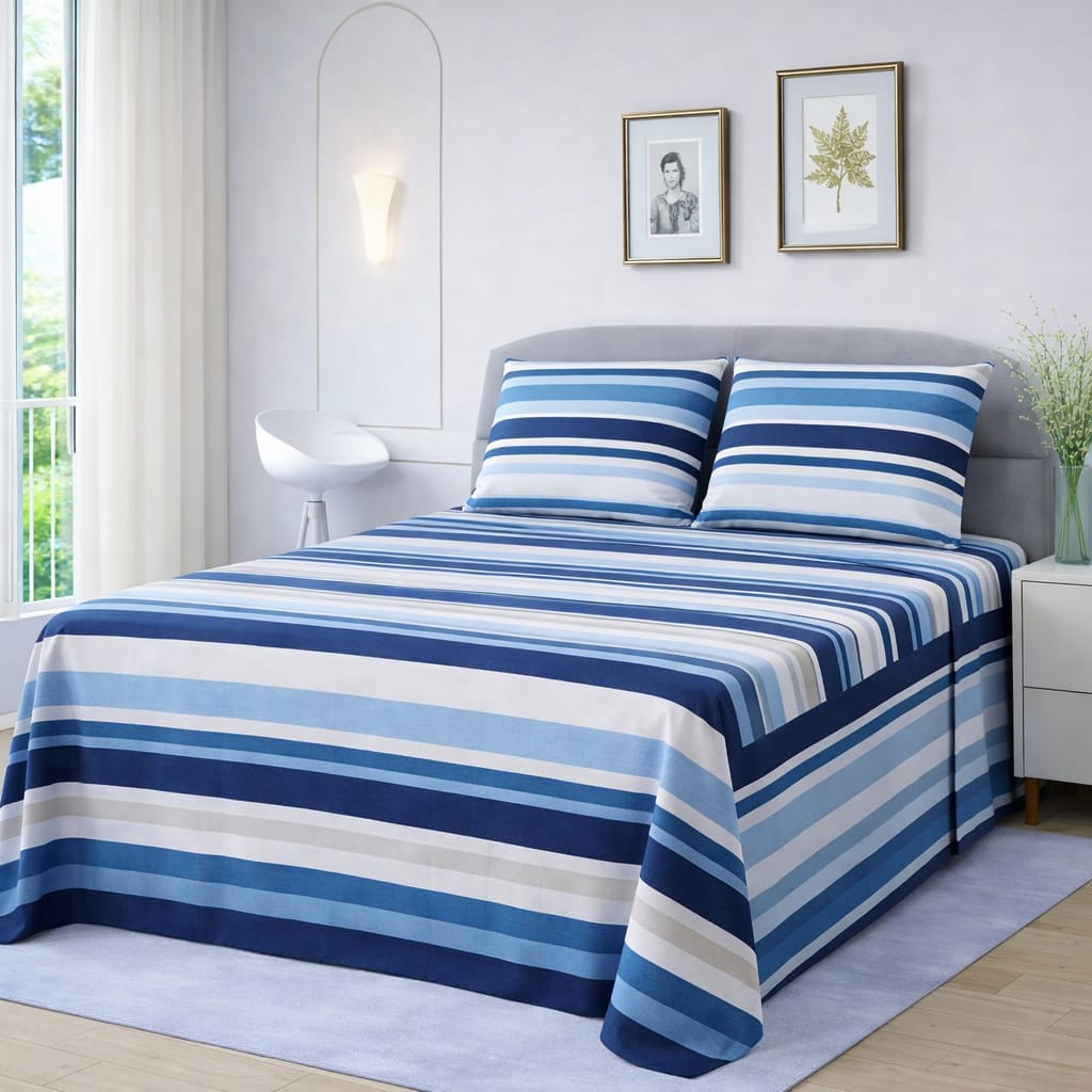 Premium Blue Striped Cotton Bedsheet  – King Size Bedding