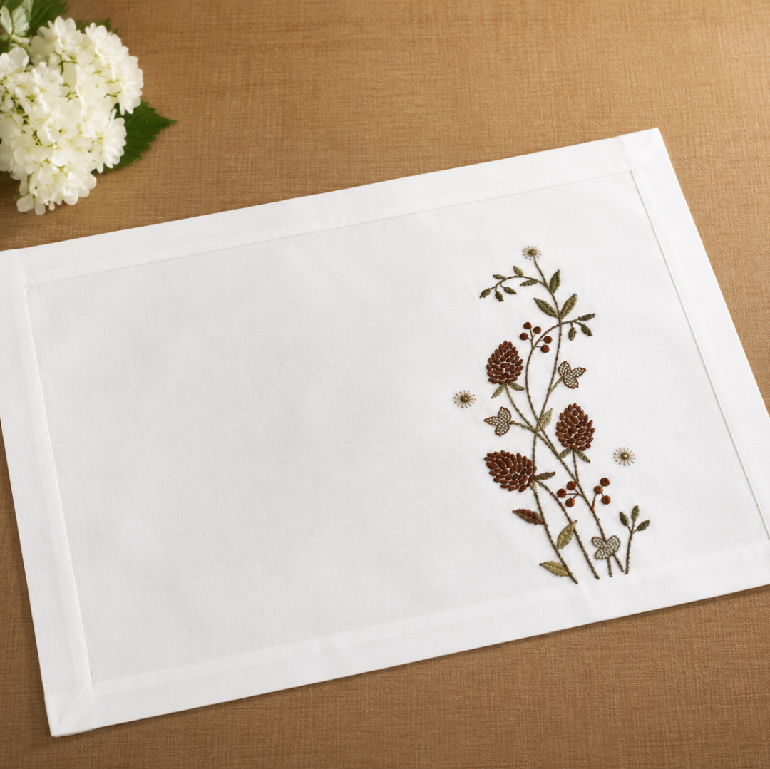 Nature-Inspired Table Linen – White Base with Brown Botanical Design