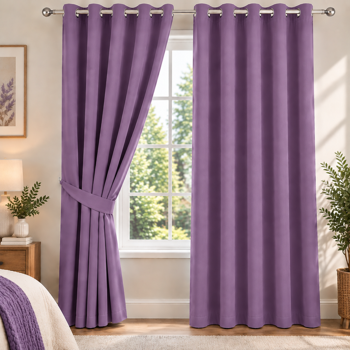 Plain Dyed Eyelet Curtain with Lining (Purple) – Pack of 2
