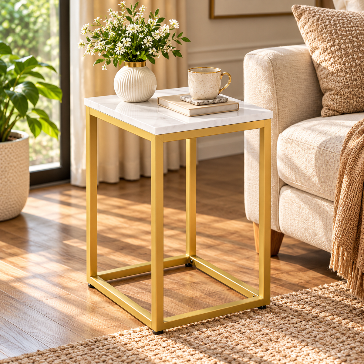 End Table, White Top with Gold Frame