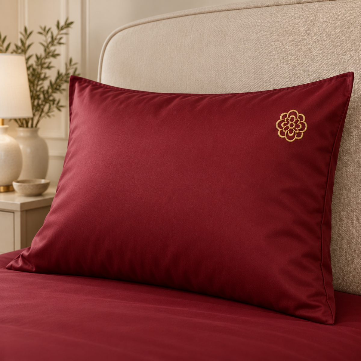 Maroon Shine Cotton Golden Rosette Embroidered Bedding Set