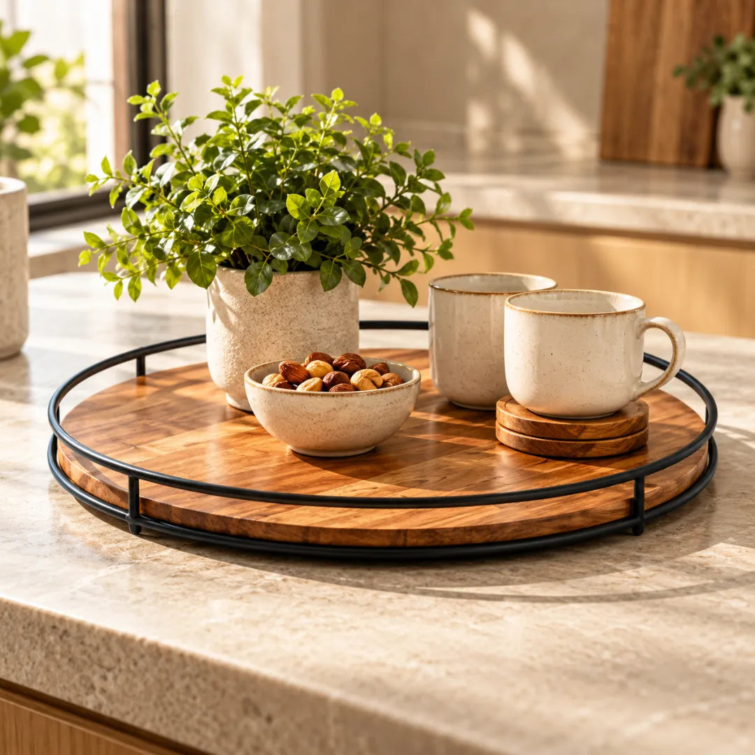 Kitchen Organizer Turntable with Metal Sides Serving Tray