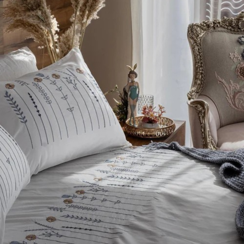 Floral & Stripe Embroidery Duvet Set – Elegant Bedding for Bedroom