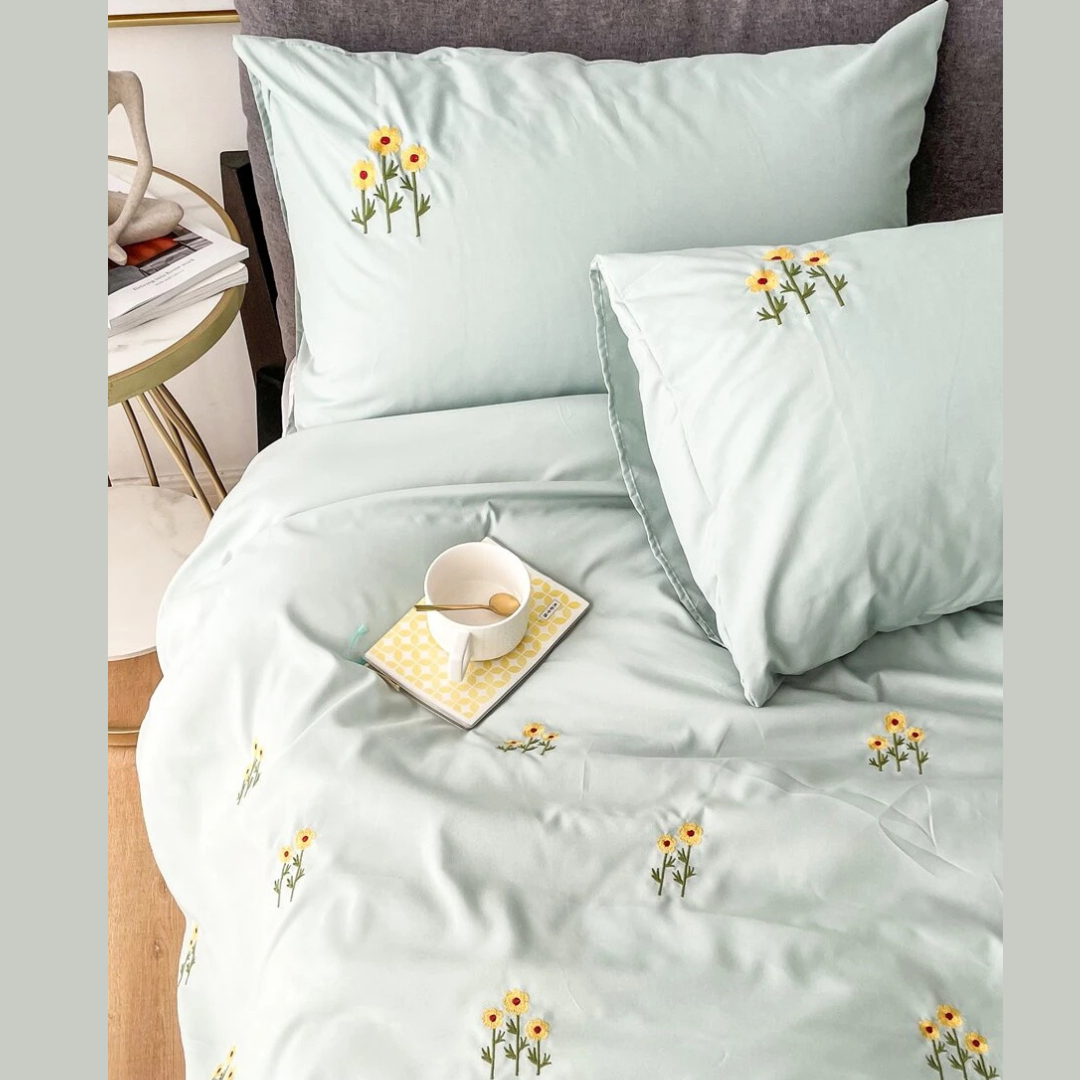 Mint Green Sunflower Embroidered Bedding Set