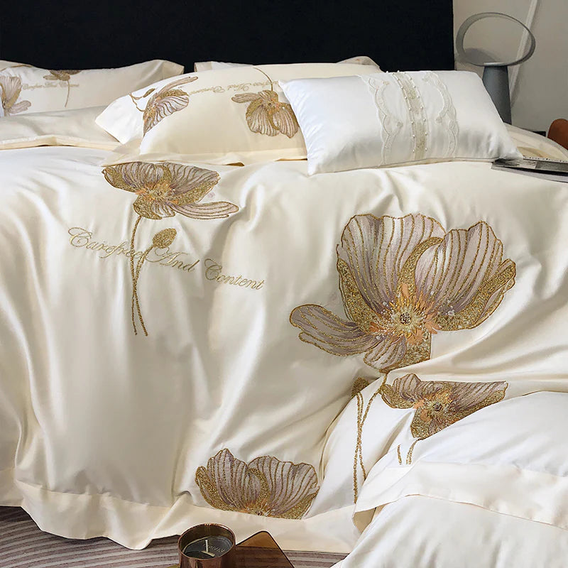 Cotton Satin Flower Embroidery Duvet Set