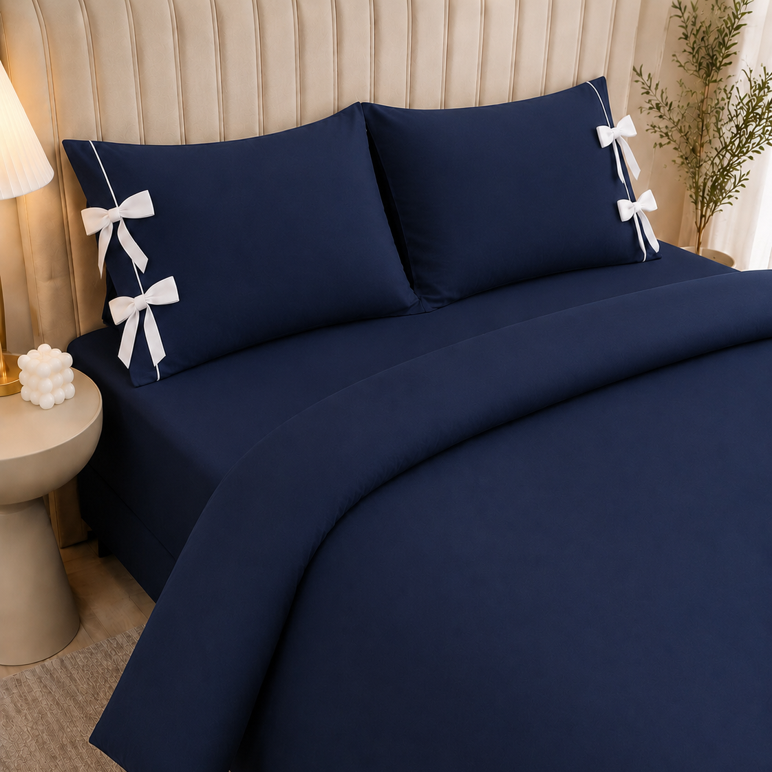 Navy Blue Plain Bow Duvet Cover Set with 2 Pillow Covers