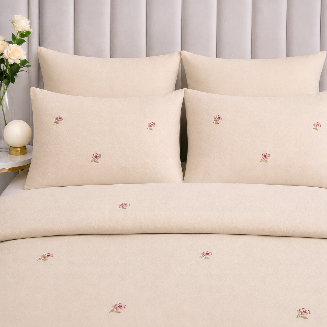 Soft Cream Floral Embroidered Duvet Cover Set