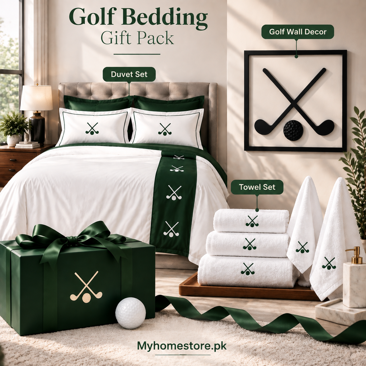 Luxury Golf Embroidered Bedding Gift Pack – Premium Duvet Set, Towel Set & Golf Wall Decor