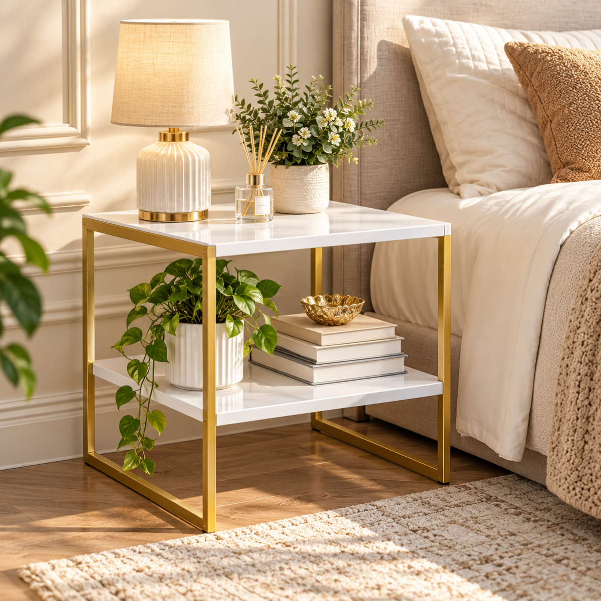Night Stand with 2 Tier Storage Shelf for Living Room