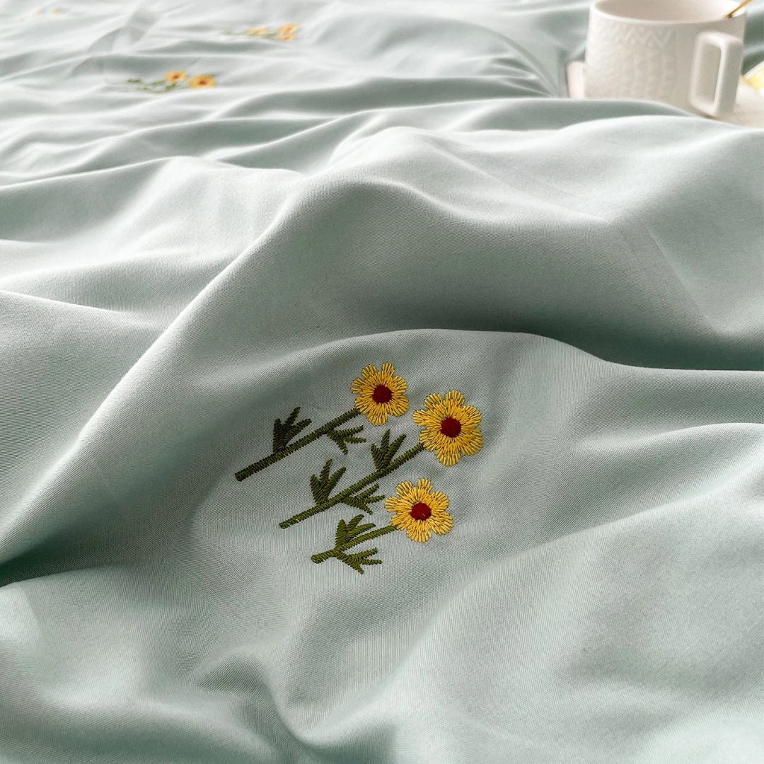 Mint Green Sunflower Embroidered Bedding Set