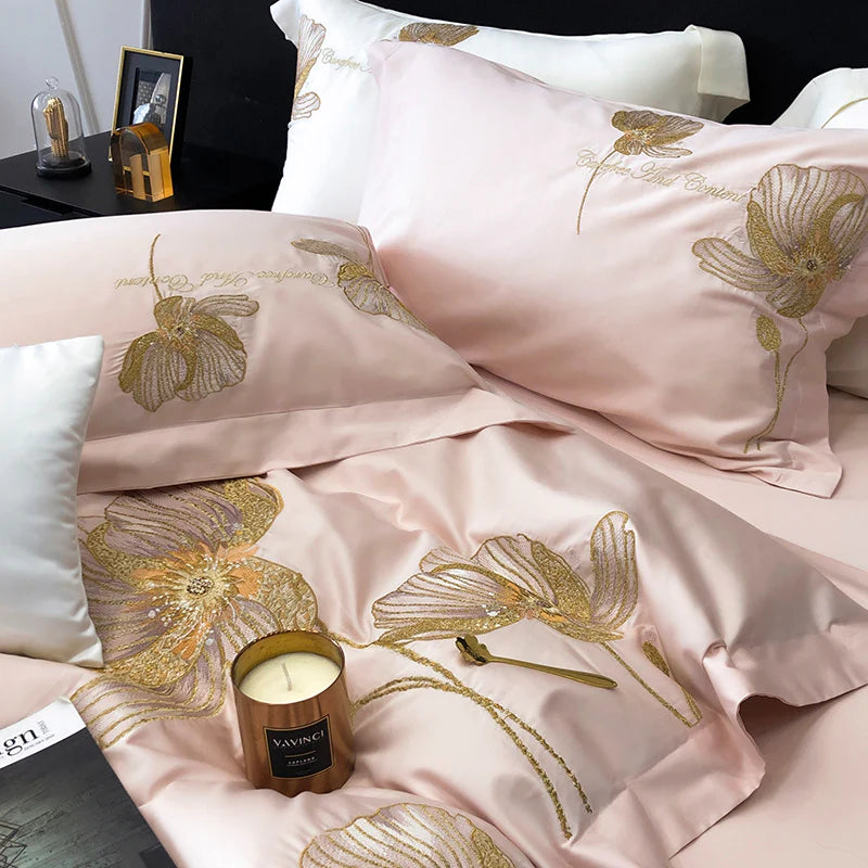 Cotton Satin Flower Embroidery Duvet Set