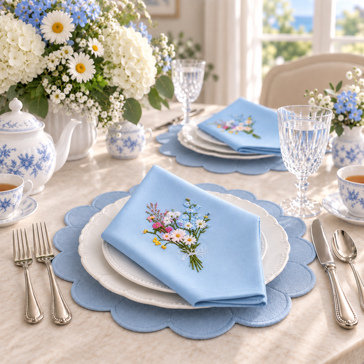 Luxury Plain Cotton Napkin with Wildflower Embroidery