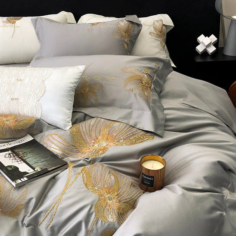 Cotton Satin Flower Embroidery Duvet Set