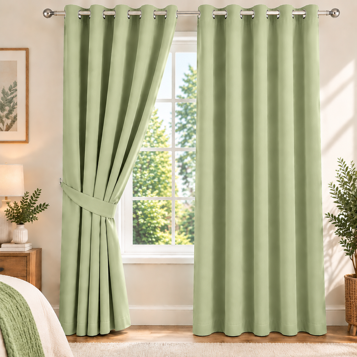 Plain Dyed Eyelet Curtain with Lining (light green) – Pack of 2