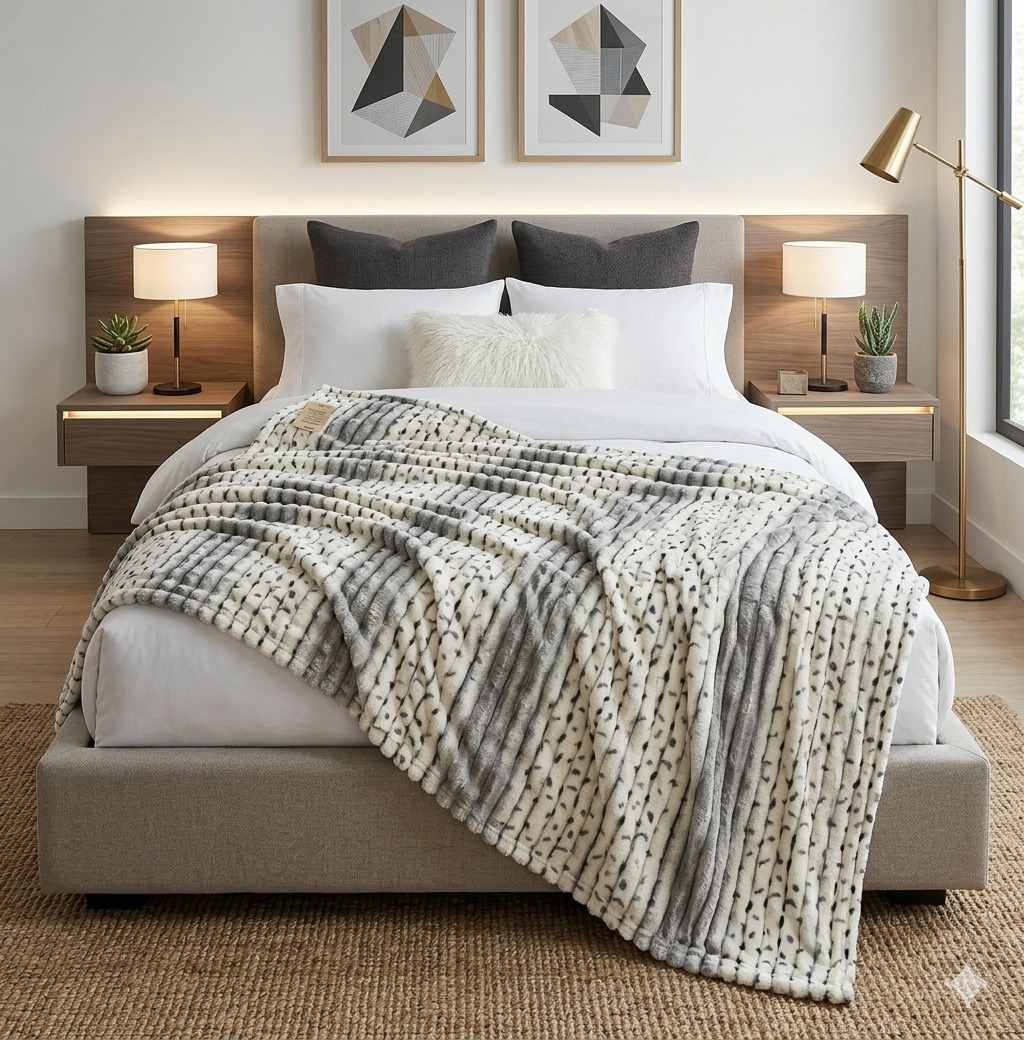 Luxury Reversible Faux Fur Throw Blanket – Grey & Black Pattern