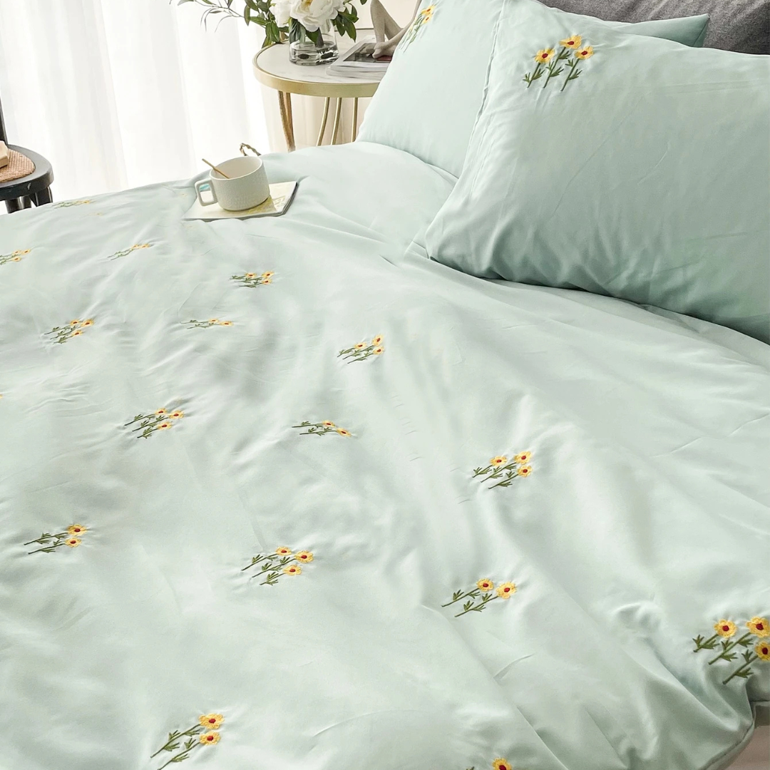 Mint Green Sunflower Embroidered Bedding Set