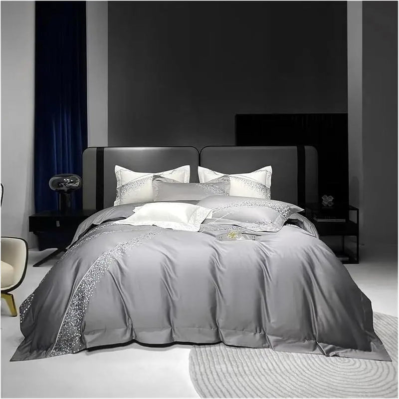 White Gray Soft Bedding Set Luxury Embroidery Duvet Set
