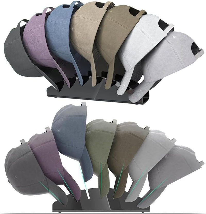 Set of baseball caps in various colors displayed on stands.