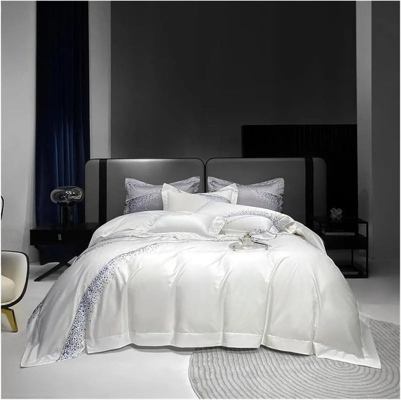 White Gray Soft Bedding Set Luxury Embroidery Duvet Set