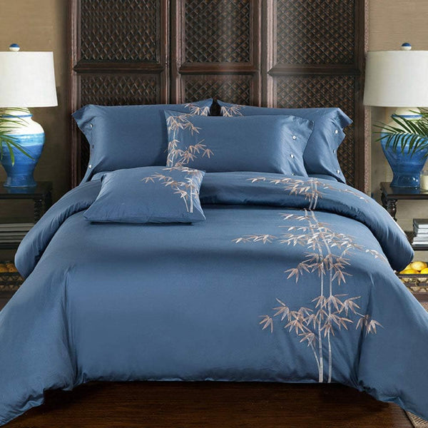 Luxury Blue Cotton Satin Embroidery Duvet Set
