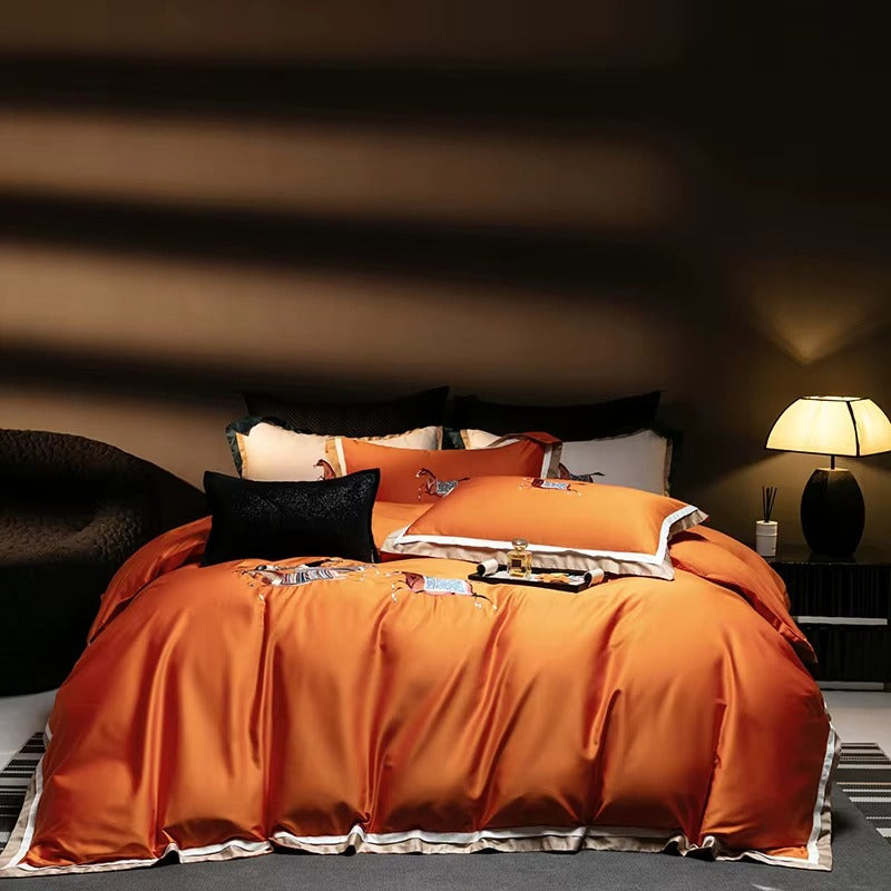 Elegant Horse Motif Embroidery Duvet Set